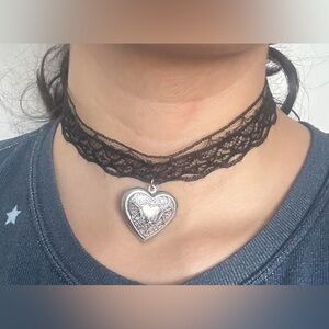 Black Lace Choker Necklace with Silver Heart Pendant